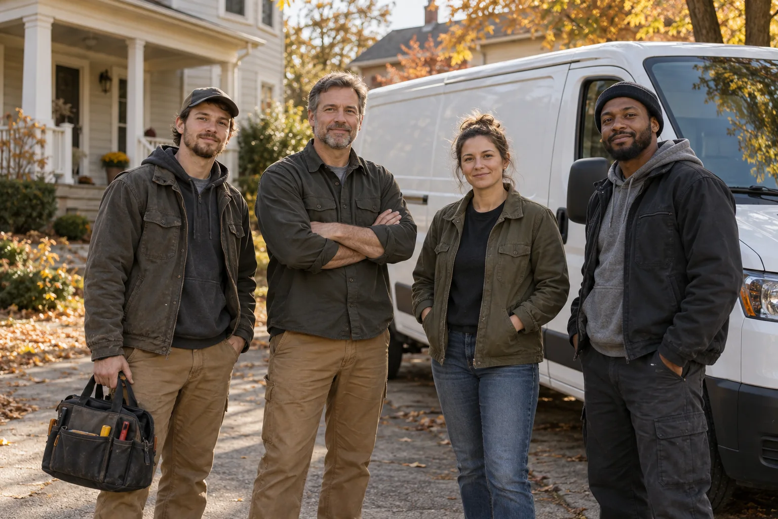 Four fictional HVAC crew members standing beside an unbranded white service van in a residential driveway.