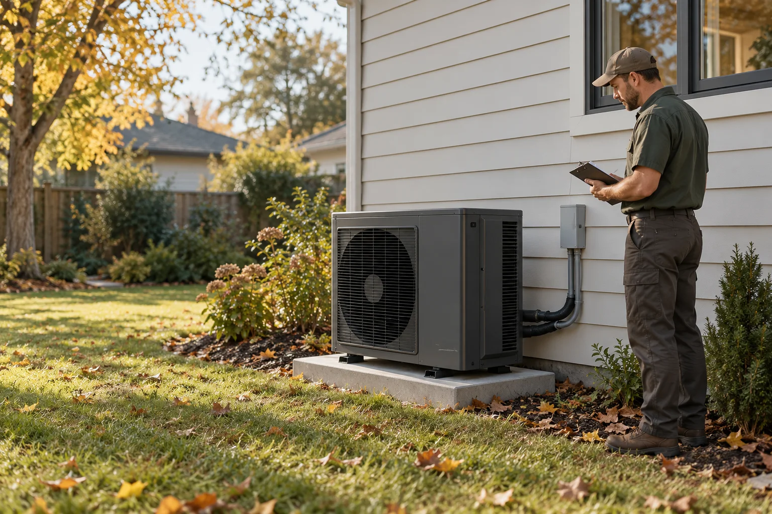 Illustrative technician reviewing a closed outdoor heat pump beside a residential home.